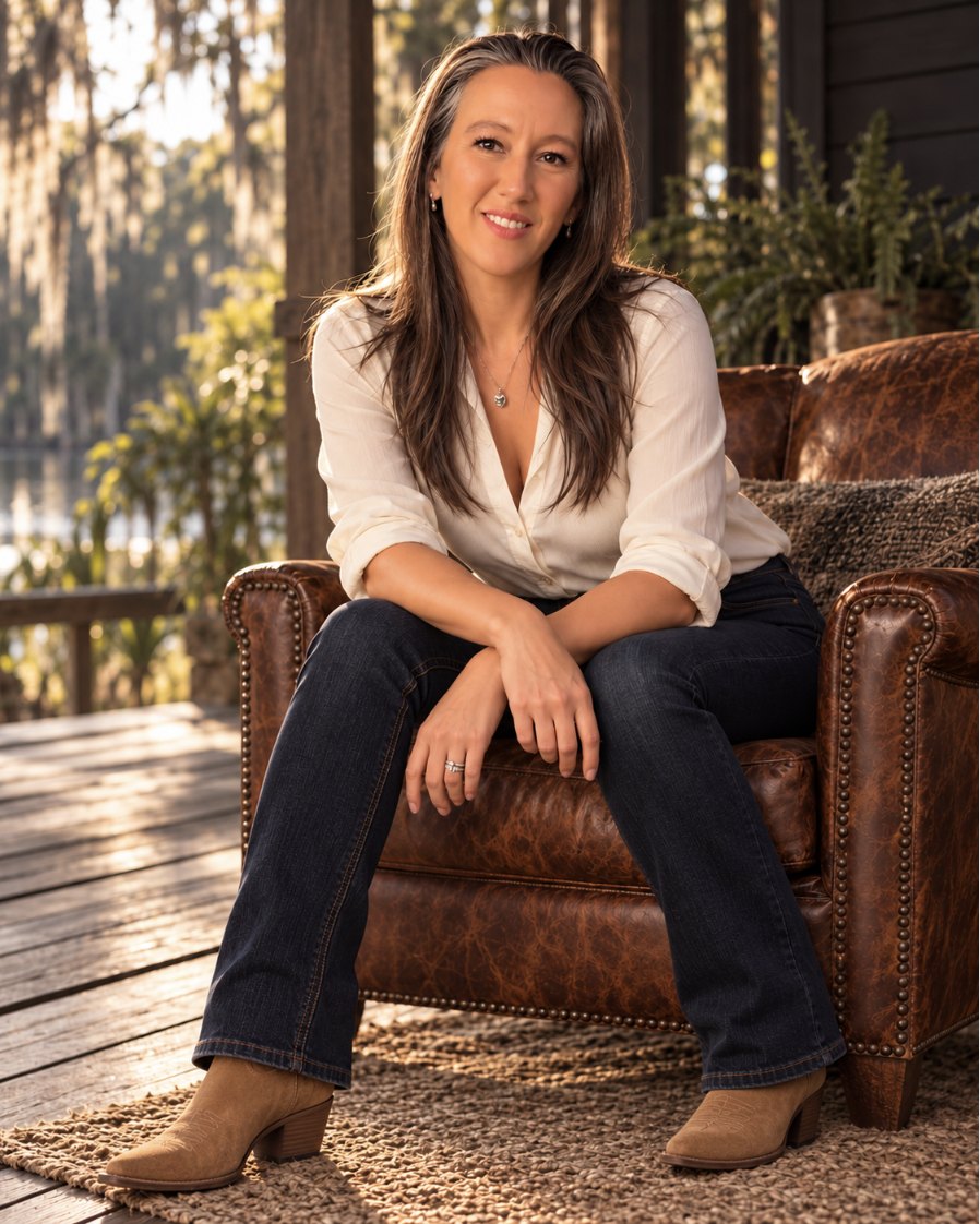Brooke Trometer seated in a leather chair on a porch